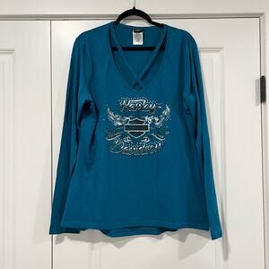 Harley Davidson Women's Blue‎ Graphic Longsleeve Cutouts Gems Size XL